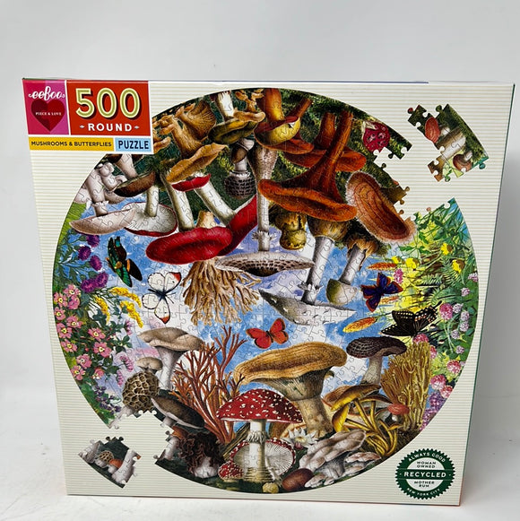 Mushrooms and Butterflies 500 Piece Round Puzzle